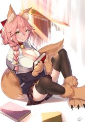 Rule 34 | 10s, 1girl, alternate costume, animal ear fluff, animal ears, animal hands, bell, black skirt, black thighhighs, blush, book, bookshelf, bow, braid, breasts, cat hair ornament, cat paws, closed mouth, collar, collared shirt, eyebrows, fate/extra, fate/grand order, fate (series), fox ears, fox girl, fox tail, glasses, gloves, grey jacket, hair between eyes, hair bow, hair ornament, highres, jacket, jingle bell, large breasts, long hair, looking at viewer, neck bell, off shoulder, paw gloves, paw shoes, pink hair, pleated skirt, red bow, shirt, shoes, side braid, sidelocks, sitting, skirt, smile, solo, tail, tamamo (fate), tamamo cat (fate), thighhighs, thighs, white shirt, yaman, yellow eyes