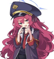 Rule 34 | 1girl, armband, black ribbon, black shirt, blouse, blue archive, blush, halo, hat, highres, iroha (blue archive), jacket, manarou, military, military hat, military jacket, military uniform, necktie, open clothes, open jacket, peaked cap, red hair, red necktie, ribbon, safety pin, shirt, simple background, solo, uniform, white background