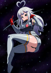 Rule 34 | 1girl, ahoge, ass, boots, breasts, female focus, gloves, grey hair, heart, heart ahoge, large breasts, panties, pantyshot, satsuki imonet, skin tight, solo, space, thigh boots, thighhighs, underwear