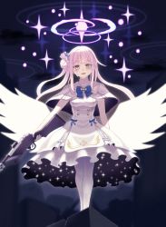 Rule 34 | angel wings, blue archive, capelet, crying, crying with eyes open, dress, feathered wings, flower, frilled dress, frills, gun, hair bun, hair flower, hair ornament, halo, highres, holding, holding weapon, lanchester smg, long hair, mika (blue archive), pink hair, single hair bun, sleeveless, sleeveless dress, standing, submachine gun, tears, very long hair, weapon, white capelet, white dress, white wings, wings, yellow eyes, zidai okuraven