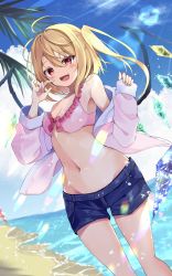 Rule 34 | 1girl, :d, ahoge, armpits, bare shoulders, beach, bikini, bikini top only, blonde hair, blue shorts, breasts, crystal, crystal wings, denim, denim shorts, fang, flandre scarlet, frilled bikini, frills, highres, hyurasan, jacket, long hair, long sleeves, looking at viewer, navel, off shoulder, open clothes, open jacket, open mouth, outdoors, pink bikini, pink jacket, red eyes, short shorts, shorts, side ponytail, small breasts, smile, solo, standing, stomach, swimsuit, thighs, touhou, water, wings
