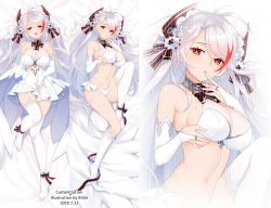 Rule 34 | 1girl, :d, ankle ribbon, antenna hair, artist name, azur lane, bare shoulders, billie (meng gong fang), blush, breast lift, breasts, bridal gauntlets, bridal veil, brown eyes, choker, clothes lift, cross, dakimakura (medium), dated, dress, dress lift, finger to mouth, from above, frown, full body, garter belt, garter straps, gloves, hair between eyes, half-closed eyes, headgear, high heels, highres, iron cross, large breasts, leg ribbon, long hair, looking at viewer, lying, mole, mole on breast, multicolored hair, multiple views, navel, on back, open mouth, panties, prinz eugen (azur lane), prinz eugen (symphonic fate) (azur lane), red hair, ribbon, silver hair, skindentation, smile, stomach, streaked hair, two side up, underwear, veil, very long hair, wedding dress, white dress, white footwear, white gloves, white legwear, white panties