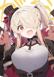 Rule 34 | 1girl, belt, black belt, black headwear, blonde hair, breasts, claw pose, ear piercing, edel (ikeuchi tanuma), eyepatch, fingernails, hair over one eye, halloween, hat, highres, ikeuchi tanuma, large breasts, long fingernails, long hair, looking at viewer, mini hat, mini top hat, nail polish, one eye covered, open mouth, original, piercing, red eyes, red nails, solo focus, top hat, twintails, upper body, wide-eyed