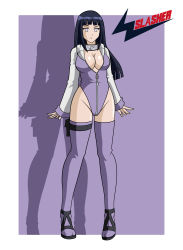 Rule 34 | 1girl, absurdres, adapted costume, alternate costume, artist name, blue hair, blunt bangs, border, breasts, cleavage, full body, high heels, highleg, highleg leotard, highres, hime cut, hyuuga hinata, konohagakure symbol, large breasts, leggings, legs, leotard, long hair, looking at viewer, naruto, naruto (series), ninja, no pupils, outside border, palette swap, partially unzipped, pigeon-toed, purple background, purple thighhighs, shadow, shoes, sidelocks, solo, standing, tagme, thigh strap, thighhighs, thong leotard, vector trace, white border, wslasher, zettai ryouiki, zipper