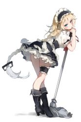 Rule 34 | 1girl, apron, bad leg, black footwear, blonde hair, blue eyes, blush, boots, bow, braid, braided bangs, braided ponytail, breasts, bridal garter, closed mouth, crossed legs, dress, frills, g36 (girls&#039; frontline), girls&#039; frontline, gradient hair, hair between eyes, high heel boots, high heels, highres, imoko (imonatsuki), leaning forward, leaning on mop, long hair, looking at viewer, maid, maid headdress, medium breasts, mop, multicolored hair, own hands together, ribbon, sidelocks, silver hair, single braid, skirt, solo, standing, thighs