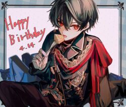Rule 34 | 1boy, black hair, black jacket, blue border, border, cake, cake slice, dated, food, fork, happy birthday, highres, holding, holding fork, jacket, jewelry, looking at viewer, mahoutsukai no yakusoku, male focus, open mouth, pants, red eyes, red pants, red scarf, ring, scarf, shindoi (yuiyui316), shino sherwood, short hair, solo, white background