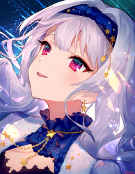 Rule 34 | 1girl, ainy, artist name, blue hairband, blush, commentary request, earrings, hair intakes, hairband, idolmaster, idolmaster (classic), jewelry, long hair, night, night sky, parted lips, pink eyes, portrait, shijou takane, shirt, silver hair, sky, smile, solo, star (symbol), star earrings, twitter username, white shirt