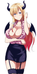 Rule 34 | 1girl, blonde hair, breast hold, breasts, cleavage, colored inner hair, cowboy shot, demon girl, demon horns, demon wings, garter straps, grey eyes, hololive, horns, large breasts, long hair, looking at viewer, miniskirt, multicolored hair, pencil skirt, pink hair, pointy ears, pony r, skirt, smile, solo, thighhighs, two-tone hair, virtual youtuber, wings, yuzuki choco, yuzuki choco (1st costume)
