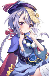 Rule 34 | 1girl, absurdres, azusa (980650076), bandaged leg, bandages, bead necklace, beads, cape, chinese clothes, commentary, earrings, fingers to cheeks, genshin impact, hair between eyes, hat, highres, jewelry, jiangshi, long hair, long sleeves, looking at viewer, necklace, ofuda, qingdai guanmao, qiqi (genshin impact), shorts, sidelocks, simple background, sitting, smile, solo, thighhighs, white background, white thighhighs, zettai ryouiki