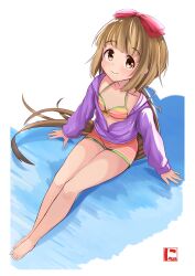 Rule 34 | 1girl, absurdres, barefoot, bikini, bikini shorts, blush, bow, breasts, brown eyes, brown hair, carrot (jetcarrot), closed mouth, collarbone, from above, full body, hair bow, hair ribbon, highres, idolmaster, idolmaster cinderella girls, idolmaster cinderella girls starlight stage, jacket, long hair, long sleeves, looking at viewer, looking up, multicolored bikini, multicolored clothes, partially unzipped, ponytail, purple jacket, red ribbon, ribbon, shorts, signature, sitting, small breasts, smile, solo, swimsuit, toes, very long hair, yorita yoshino