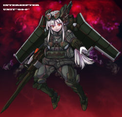Rule 34 | bad id, bad pixiv id, gloves, gun, load bearing vest, long hair, mecha musume, military, original, sigama, solo, vest, weapon, white hair, wings, yellow eyes