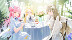 3girls blonde_hair blue_archive brown_hair haruri highres long_hair mika_(blue_archive) multiple_girls nagisa_(blue_archive) open_mouth pink_hair seia_(blue_archive) sitting smile wings yellow_eyes