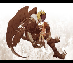 Rule 34 | 00s, 1boy, 1girl, ai (digimon), beelzebumon, beelzebumon blast mode, black wings, blonde hair, bow, brown eyes, brown hair, cake, daizu (npl), demon, digimon, digimon (creature), digimon tamers, dress, food, fork, green eyes, hair bow, highres, letterboxed, multiple wings, open mouth, profile, spikes, tail, thigh strap, third eye, twintails, wings