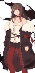 Rule 34 | 1girl, animal ears, arknights, bad id, bad pixiv id, bare shoulders, bear ears, black coat, black collar, black skirt, breasts, brown hair, cleavage, closed mouth, coat, collar, collarbone, commentary, dress shirt, earbuds, earphones, fur-trimmed coat, fur trim, highres, inniyik, large breasts, long hair, long sleeves, multicolored hair, off shoulder, open clothes, open coat, pantyhose, pleated skirt, red hair, red pantyhose, revision, shirt, simple background, skirt, sleeves past wrists, solo, streaked hair, white background, white shirt, zima (arknights)
