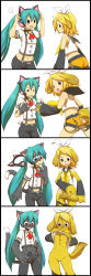 Rule 34 | 2girls, 4koma, absurdres, animal ears, animalization, aqua eyes, aqua hair, bell, blonde hair, blush, bottomless, bow, breasts, cat, cat ears, clothes lift, comic, detached sleeves, dog, dog ears, fang, furrification, furry, furry female, hair ribbon, hatsune miku, highres, jingle bell, kagamine rin, long hair, long image, multiple girls, navel, nipples, open mouth, paw print, project diva, project diva (series), ribbon, shirt lift, suspenders, tail, tall image, torn clothes, transformation, twintails, very long hair, vocaloid