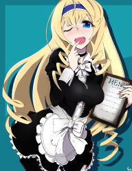Rule 34 | 10s, 1girl, alternate costume, apron, blonde hair, blue eyes, blush, bow, cecilia alcott, curly hair, drill hair, finger to mouth, fu (counting01), hairband, infinite stratos, long hair, maid, maid apron, menu, one eye closed, open mouth, ribbon, solo, thighhighs, waitress, wink