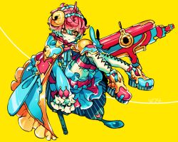 Rule 34 | :|, androgynous, asymmetrical footwear, blue cape, blue footwear, blue hair, cape, closed mouth, creatures (company), full body, game freak, gen 4 pokemon, gender request, gun, hair ornament, holding, holding gun, holding weapon, horns, long sleeves, mismatched footwear, multicolored hair, nintendo, pale skin, personification, pink footwear, pink hair, platform footwear, pokemon, porygon-z, simple background, single horn, solo, thighhighs, two-tone hair, weapon, white thighhighs, yellow background, zazaki
