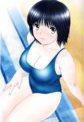 Rule 34 | 00s, 1girl, absurdres, blue one-piece swimsuit, breasts, cleavage, from above, hand on own thigh, highres, kobayashi hiyoko, non-web source, official art, oku-sama wa joshi kousei, one-piece swimsuit, onohara asami, sitting, solo, swimsuit