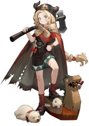 Rule 34 | 1girl, :3, axe, bear, black shorts, bracelet, brown scarf, cape, cardboard, character name, closed mouth, dagger, erick (reverse:1999), fake horns, helmet, highres, holding, holding axe, horned headwear, horned helmet, horns, jewelry, knife, looking at viewer, official art, overall shorts, overalls, polar bear, red cape, red shirt, reverse:1999, scarf, shirt, short sleeves, shorts, smile, solo, standing, tachi-e, third-party source, transparent background, weapon