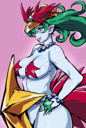 Rule 34 | 1girl, ass, bishoujo senshi sailor moon, bishoujo senshi sailor moon s, blue eyes, blue skin, bracelet, breasts, bright pupils, colored skin, cowboy shot, curvy, demon girl, green hair, hands on own hips, highres, indoors, jewelry, large breasts, long hair, looking at viewer, mamesi (suhk8583), pasties, pink background, pointy ears, red footwear, revealing clothes, shiny skin, shoes, simple background, solo, standing, star-shaped pupils, star (symbol), star pasties, symbol-shaped pupils, thighs, twintails, uchoten (sailor moon), wide hips