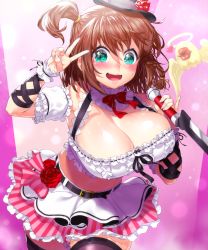 Rule 34 | 1girl, adapted costume, aqua eyes, bare shoulders, belt, black thighhighs, blush, breasts, brown hair, charlotte corday (fate), charlotte corday (midnight tension) (fate), cleavage, fate/grand order, fate (series), hat, highres, large breasts, looking at viewer, microphone, one side up, onsoku inu, open mouth, short hair, skirt, smile, solo, thighhighs, thighs, v