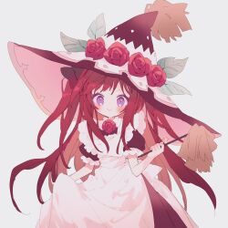 Rule 34 | 1girl, :&gt;, apron, apron hold, back bow, black bow, black dress, black hat, blush, bow, commentary request, dress, duster, flower, hair bow, hand up, hat, hat flower, hibi89, holding, holding duster, long hair, looking at viewer, merc storia, purple eyes, red flower, red hair, red rose, rose, short sleeves, smile, solo, theo (merc storia), upper body, witch hat