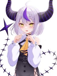 Rule 34 | 1girl, ahoge, alternate hair length, alternate hairstyle, bare shoulders, black dress, blush, bob cut, braid, collared shirt, commentary request, demon girl, demon horns, demon tail, dress, highres, hololive, horns, jupiterjack8, la+ darknesss, long sleeves, looking at viewer, multicolored hair, necktie, open mouth, pointy ears, purple hair, shirt, short hair, simple background, slit pupils, solo, streaked hair, striped horns, tail, two-tone hair, virtual youtuber, white background, white hair, white shirt, yellow eyes, yellow necktie