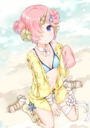 Rule 34 | 1girl, bandaged leg, bandages, beach, between legs, bikini, blue bikini, breasts, cardigan, collarbone, day, double bun, fate/grand order, fate (series), frankenstein&#039;s monster (fate), frankenstein&#039;s monster (swimsuit saber) (fate), frankenstein&#039;s monster (swimsuit saber) (first ascension) (fate), from above, hair bun, hair over one eye, hand between legs, hand up, hands in opposite sleeves, looking at viewer, open cardigan, open clothes, outdoors, parted lips, pink hair, purple eyes, sandals, short hair, sitting, small breasts, solo, swimsuit, tareme, wariza, wataame27
