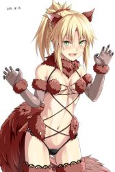 Rule 34 | &gt;:d, 1girl, 2016, :d, alternate color, animal ears, black panties, blonde hair, braid, breasts, claw pose, claws, cosplay, cowboy shot, dated, elbow gloves, fang, fate/apocrypha, fate/grand order, fate (series), fur, gloves, gluteal fold, green eyes, grey gloves, hair ribbon, half up braid, halloween, halloween costume, lace, lace-trimmed legwear, lace trim, leaning forward, mash kyrielight, mash kyrielight (dangerous beast), mash kyrielight (dangerous beast) (cosplay), mordred (fate), mordred (fate/apocrypha), navel, o-ring, o-ring top, official alternate costume, open mouth, panties, ponytail, red ribbon, red thighhighs, ribbon, shielder (fate/grand order) (cosplay), shiseki hirame, sidelocks, small breasts, smile, solo, stomach, tail, thighhighs, underwear, v-shaped eyebrows, white background, wolf ears, wolf tail