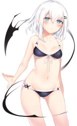 Rule 34 | 1girl, bare shoulders, bikini, black bikini, blush, breasts, collarbone, commentary request, cowboy shot, eyes visible through hair, front-tie bikini top, front-tie top, frown, gluteal fold, hair between eyes, hair ornament, hairclip, highres, looking at viewer, navel, original, otokuyou, ringo-chan (otokuyou), short hair, simple background, small breasts, solo, stomach, swimsuit, white background, white hair
