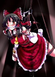 Rule 34 | 1girl, ankle socks, arms behind back, bdsm, black hair, blush, bondage, bound, bow, breast bondage, breasts, brown eyes, detached sleeves, gagged, hair bow, hair tubes, hakurei reimu, highres, japanese clothes, large breasts, lilish, long hair, miko, pussy juice, rope, sex toy, socks, solo, suspension, sweat, tears, touhou, vibrator