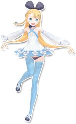 Rule 34 | 1girl, 3d, alicia solid, blonde hair, blue eyes, blue thighhighs, blush, bow, braid, choker, dress, elbow gloves, flat chest, full body, gloves, hair bow, long hair, niconi solid, niconico, official art, panties, single braid, smile, solo, striped clothes, striped thighhighs, thighhighs, transparent background, underwear, very long hair
