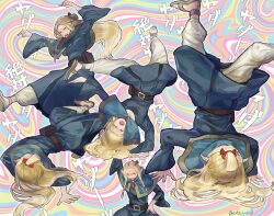 Rule 34 | 1girl, balancing, belt, belt buckle, black belt, blonde hair, blue capelet, blue dress, blue robe, blush, bow, braid, breakdance, buckle, capelet, choker, closed eyes, dancing, dress, dungeon meshi, edo mond (edoedoedomond), elf, hair around ear, hair bow, half updo, handstand, hood, hooded capelet, long hair, long sleeves, marcille donato, one arm handstand, outstretched arms, pointy ears, red bow, robe, sandals, short hair, short ponytail, solo, spinning, spread arms, twin braids, upside-down