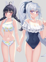 Rule 34 | 2girls, antenna hair, black hair, black ribbon, blue archive, braid, breasts, flat chest, frilled one-piece swimsuit, frills, grey hair, hair ornament, halo, highres, holding hands, iririya 07, leaf hair ornament, leaf print, legs together, miyako (blue archive), miyako (swimsuit) (blue archive), miyu (blue archive), miyu (swimsuit) (blue archive), multiple girls, navel, nervous smile, official alternate costume, one-piece swimsuit, ponytail, purple eyes, rabbit hair ornament, red eyes, ribbon, simple background, small breasts, smile, swimsuit, twin braids, twintails