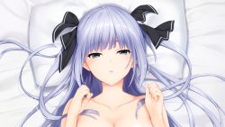 Rule 34 | 1girl, bed, blue eyes, blush, breasts, collarbone, facing viewer, female focus, from above, game cg, gradient hair, hair ribbon, half-closed eyes, hands up, hibiki works, iizuki tasuku, large breasts, light blush, light purple hair, long hair, looking at viewer, multicolored hair, nude, on bed, original, parted lips, pillow, purple hair, ribbon, solo, suiren to shion, sweat, two side up, upper body, wakami shion