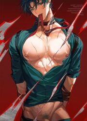 Rule 34 | 1boy, arms behind back, bara, bound, cross scar, earrings, genshin impact, highres, jewelry, large pectorals, looking at viewer, male focus, male pubic hair, nipples, open clothes, open shirt, pectorals, penis, penis peek, pubic hair, red background, scar, scar on chest, scar on face, short hair, solo, tianxiaoye ansel.s, upper body, wriothesley (genshin impact)