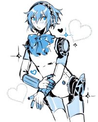 Rule 34 | aegis (persona), android, atlus, bow, bowtie, commentary, diamond (shape), english commentary, gyarudyne, hairband, heart, highres, joints, looking at viewer, parted lips, partially colored, persona, persona 3, persona 3 portable, robot girl, robot joints, short hair, standing