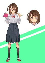 Rule 34 | 1girl, absurdres, black skirt, black socks, bow, bowtie, brown eyes, brown hair, collared shirt, commentary request, commission, female focus, full body, glasses, green background, hands up, hide (hideout), highres, holding, holding notebook, holding pencil, kneehighs, long sleeves, looking at viewer, medium hair, nervous smile, notebook, original, parted lips, pencil, pleated skirt, red-framed eyewear, red bow, red bowtie, red footwear, school uniform, shirt, shirt tucked in, shoes, side ahoge, skeb commission, skirt, smile, socks, solo, striped bow, striped bowtie, striped clothes, thick eyebrows, triangle hair ornament, two-tone background, white background, white footwear, white shirt