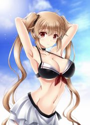 Rule 34 | 1girl, alternate costume, amou yuu, arm behind head, armpits, arms up, bikini, bikini skirt, blonde hair, bow, bow bikini, breasts, cleavage, cloud, cloudy sky, collarbone, commentary request, day, hair between eyes, hair ribbon, highres, kantai collection, large breasts, long hair, looking at viewer, murasame (kancolle), outdoors, red eyes, ribbon, sky, solo, swimsuit, twintails, very long hair
