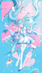 Rule 34 | 1girl, adapted costume, angel wings, arm at side, arm ribbon, armlet, armpit crease, bare arms, black skirt, blue hair, blue nails, blue necktie, blue theme, blue wings, boots, breasts, cake, cake slice, candy, candy wrapper, closed eyes, closed mouth, colored eyelashes, cream, dot nose, dress, dress flower, facing viewer, feathered wings, fingernails, floating, floating hair, flower, food, frilled dress, frills, fruit, full body, glowing, hair between eyes, hand up, hatsune miku, head tilt, heart, heart background, high collar, highres, holding, holding candy, holding food, holding lollipop, holding wand, layered dress, blue background, light particles, light smile, limited palette, lollipop, long hair, nail polish, necktie, paper, pastel colors, petals, pink flower, pink theme, plaid, plaid dress, plaid ribbon, pleated skirt, rabbit, red ribbon, ribbon, short dress, signature, simple background, skirt, sleeveless, sleeveless dress, small breasts, solo, spring onion, star wand, strawberry, strawberry shortcake, striped, striped background, stuffed animal, stuffed rabbit, stuffed cat, stuffed toy, swirl lollipop, thigh boots, thighhighs, triangle, twintails, vocaloid, wand, white flower, white footwear, wings, yutukicom, zettai ryouiki