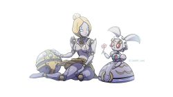 Rule 34 | 1girl, alolan boy, ball, blonde hair, breasts, commentary request, creatures (company), crossover, eye contact, flower, game freak, gen 7 pokemon, hair bun, hand up, highres, holding, holding flower, league of legends, legendary pokemon, looking at another, magearna, mythical pokemon, nintendo, orianna (league of legends), pink flower, pokemon, pokemon (creature), red eyes, robot, simple background, single hair bun, spanish commentary, twitter username, watermark, white background
