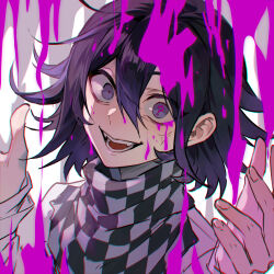 Rule 34 | 1boy, :d, black hair, blood, blood on face, checkered clothes, checkered scarf, crazy smile, danganronpa (series), danganronpa v3: killing harmony, fangs, flipped hair, grey background, hair between eyes, hands up, highres, long sleeves, looking at viewer, male focus, medium hair, nanin, oma kokichi, open mouth, pink blood, question mark in eye, scarf, smile, solo, teeth, tongue, white background