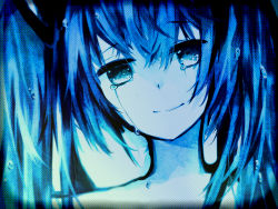 Rule 34 | 1girl, backlighting, bad id, bad pixiv id, blue eyes, blue hair, blue theme, crying, crying with eyes open, hatsune miku, head tilt, ikari (aor3507), light smile, long hair, looking at viewer, monochrome, painting (medium), portrait, sad smile, solo, tears, traditional media, twintails, vocaloid, watercolor (medium), wet, wet hair