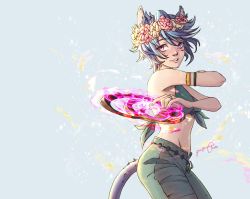 Rule 34 | 1girl, absurdres, animal ears, arm strap, bikini, bikini top only, blue hair, breasts, cat ears, cat tail, chakram, crossed arms, dancer (final fantasy), dual wielding, facial mark, final fantasy, final fantasy xiv, highres, holding, holding weapon, jessica storbugt, jewelry, looking at viewer, medium breasts, miqo&#039;te, profile, purple eyes, ring, short hair, solo, swimsuit, tail, warrior of light (ff14), weapon, whisker markings