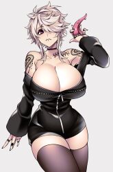 Rule 34 | 1girl, absurdres, bare shoulders, black jacket, breasts, breasts out, choker, cleavage, curvy, extra mouth, goth fashion, grey hair, hand mouth, highres, huge breasts, hz (666v), jacket, narrow waist, nervous, one eye covered, original, paid reward available, red eyes, short hair, short hair with long locks, shoulder tattoo, shy, solo, sullivan (camui kamui), tattoo, thick thighs, thighhighs, thighs, tongue, tongue out, white hair