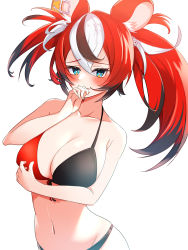 Rule 34 | 1girl, absurdres, animal ears, asymmetrical hair, bad id, bad twitter id, bikini, black hair, blue eyes, blush, breasts, chillout tang, cleavage, closed mouth, collarbone, commentary, covered mouth, dice, dice hair ornament, dot nose, english commentary, hair ornament, hakos baelz, hand to own mouth, highres, hololive, hololive english, large breasts, mouse ears, mouse girl, mousetrap, multicolored hair, navel, raised eyebrows, red hair, simple background, solo, stomach, streaked hair, swimsuit, twintails, two-tone bikini, virtual youtuber, white background, white hair