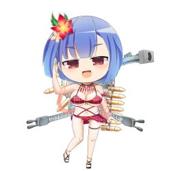 Rule 34 | 1girl, :d, bikini, black choker, black footwear, blue hair, blunt bangs, bob cut, breasts, bullet, character request, chibi, choker, commentary request, flower, full body, hair flower, hair ornament, half-closed eyes, hop step jumpers, large breasts, lets0020, looking at viewer, medium bangs, open mouth, plaid, plaid bikini, red bikini, red eyes, red flower, sandals, simple background, smile, solo, swimsuit, transparent background, turret