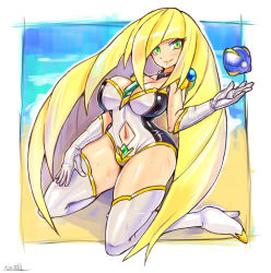 Rule 34 | 1girl, adapted costume, alternate breast size, beast ball, blonde hair, boots, breasts, choker, cleavage, clothing cutout, commentary, creatures (company), floating ball, game freak, gloves, green eyes, high heels, highres, kneeling, large breasts, long hair, looking at viewer, lusamine (pokemon), navel, nintendo, oomasa teikoku, poke ball, pokemon, pokemon sm, smile, solo, stomach cutout, swimsuit, thigh boots, thighhighs, very long hair, white footwear
