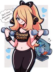 Rule 34 | 1girl, :t, ?, ??, alternate costume, black bow, black pants, black shirt, black sports bra, blonde hair, blouse, blue eyes, bow, breasts, cleavage, creatures (company), cynthia (pokemon), dumbbell, english text, exercising, furrowed brow, game freak, gen 4 pokemon, gible, hair bow, hair ornament, hair over one eye, heart, highres, holding, large breasts, long hair, midriff, mouth hold, navel, nintendo, pants, pokemon, pokemon (creature), pokemon dppt, ponytail, pout, print shirt, shirt, sports bra, stomach, thought bubble, touyarokii, weightlifting, wide hips, wristband, yoga pants