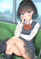Rule 34 | 1girl, bag, black hair, black legwear, blue eyes, blue sweater vest, bow, closed mouth, collared shirt, commentary request, crossed arms, crossed legs, expressionless, grey skirt, hand on own face, highres, original, pleated skirt, red bow, school bag, school uniform, shirt, sitting, skirt, sunsun2812, sweater vest, thighs, train, white shirt, window